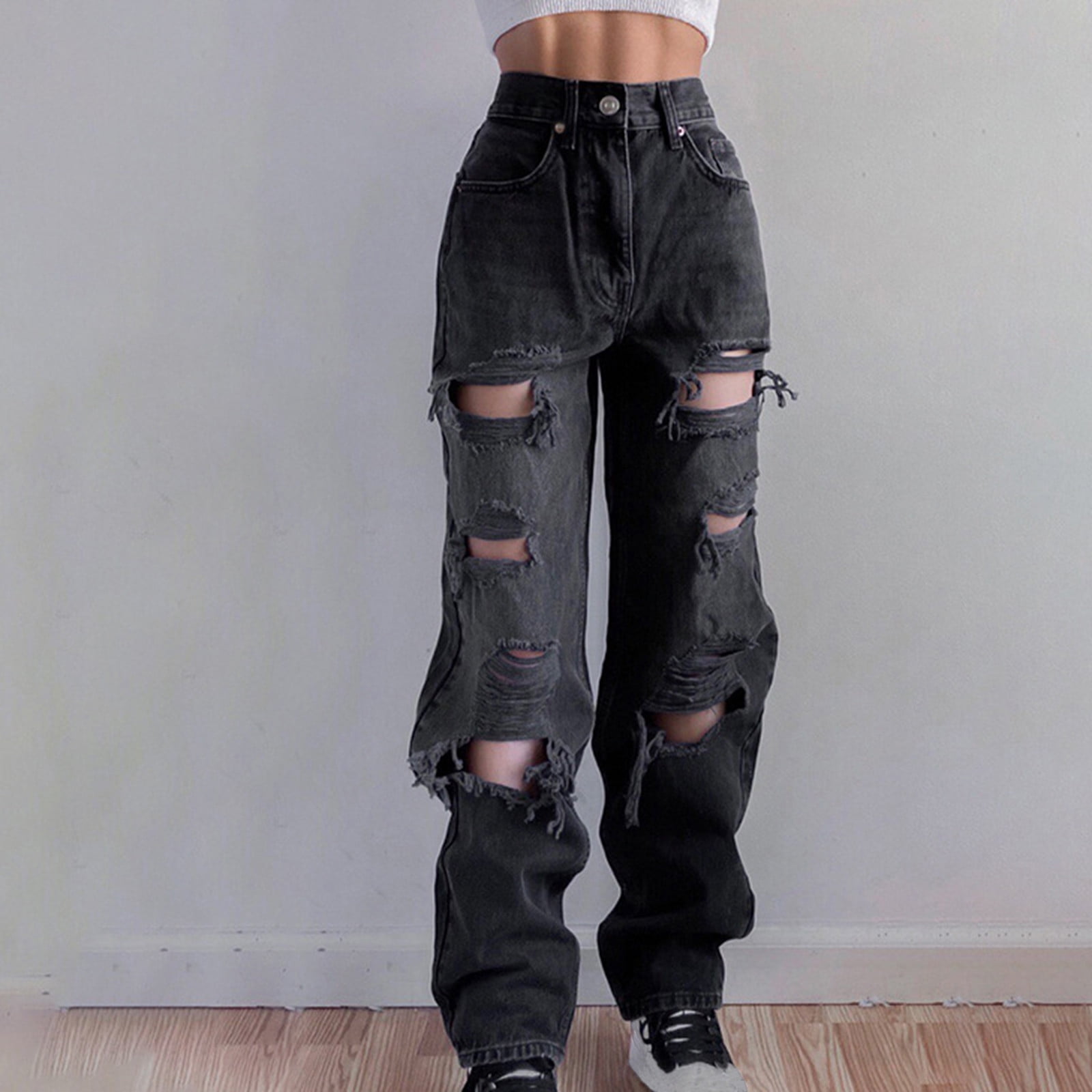 Mrat Pants For Women Oversized Full Length Pants Jeans Ladies Fashion High  Waist Pocket Solid Casual Loose Wide Straight Leg Jeans Hole Pants Pants