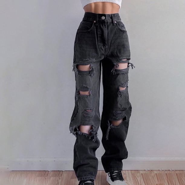 ICHUANYI Clearance Women Fashion High Waist Pocket Solid Casual Loose Wide Straight Leg Jeans Hole Pants(Black, L) ICHUANYI WER2023081204759