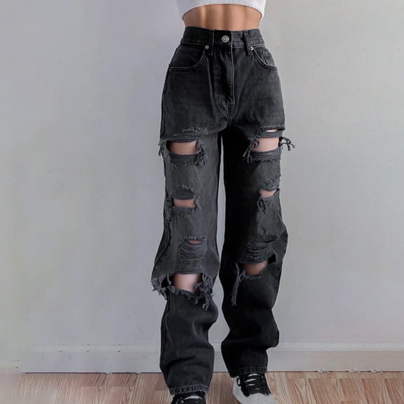 Honeeladyy women pants on clearance under $5 Women Fashion High Waist Pocket Solid Casual Loose Wide Straight Leg Jeans Hole Pants