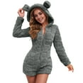 thumbnail image 4 of RYRJJ Womens Plush Hooded Jumpsuit Sherpa Fuzzy Pajamas Long Sleeve Cute One Piece Onesie Winter Warm Short Rompers Sleepwear(Gray,XL), 4 of 8