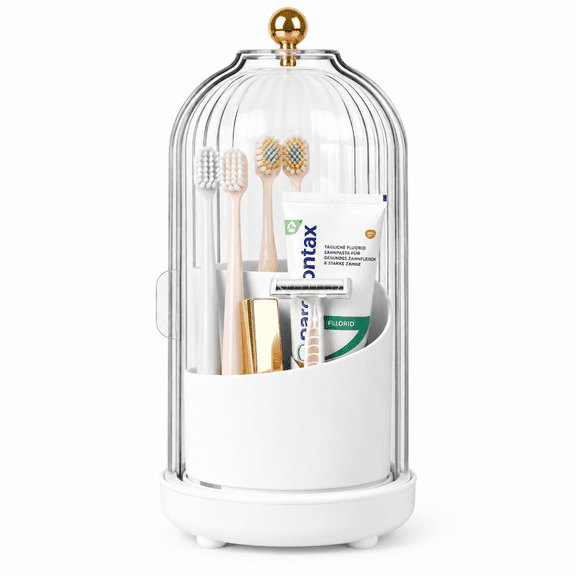 360 Rotating Toothbrush Holder with Sliding Cover, Dustproof Bathroom Countertop Organizer & Makeup Brush Storage Caddy for Electric Toothbrushes, Toothpaste & Vanity