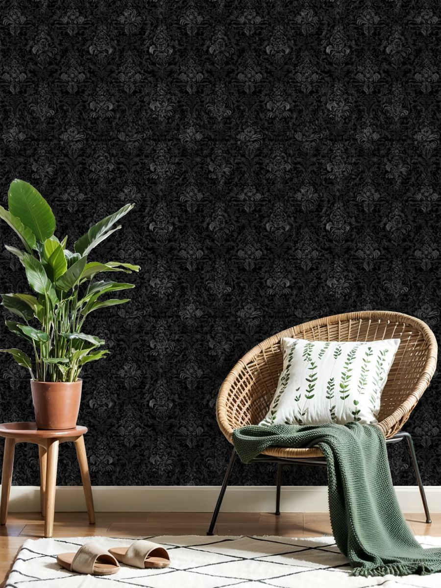 Vintage Peel and Stick Wallpaper 17.7in x 9.8ft Elegant Black Damask Ornate Floral Design Contact Paper Vinyl Waterproof Self Adhesive Wall Paper for Bedroom Shelf Cabinet Renter Friendly