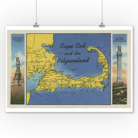 Cape Cod, Massachusetts - Detailed Map of the Pilgrimland (9x12 Art Print, Wall Decor Travel