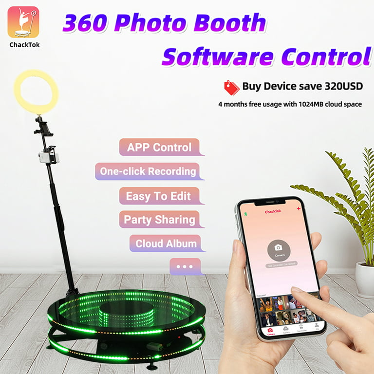 360 Photo Booth Machine with Software for Parties with Ring Light,Flight  Case, Logo Custom,2-3 People Stand on APP Remote Control Automatic Slow