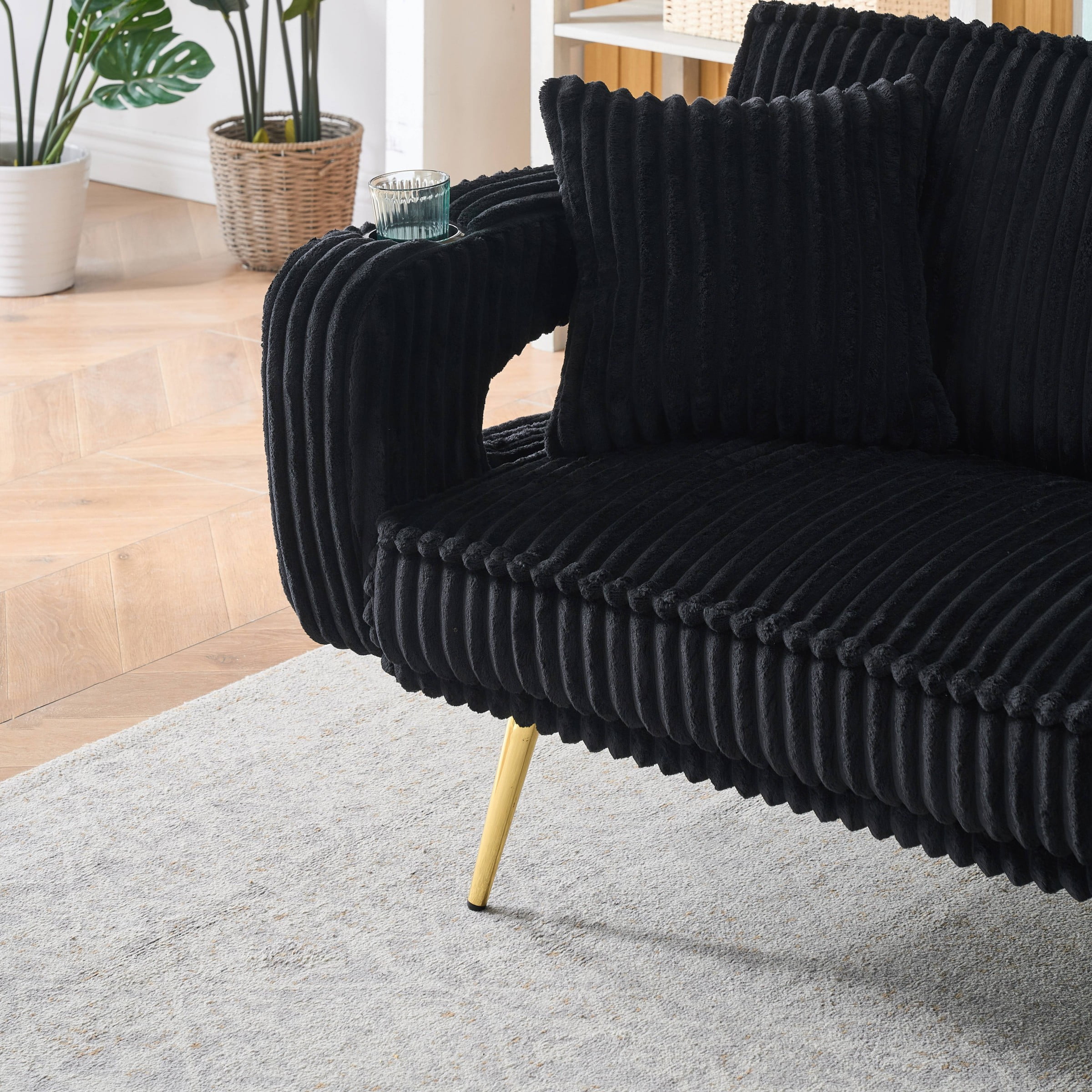 Corduroy Futon Sofa Bed with Pillows,74 inch Modern Convertible Loveseat Sleeper Bed with Adjustable Backrest for Living Room,Black