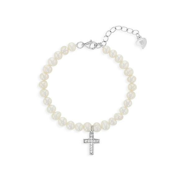 925 Sterling Silver Adjustable White Cultured Pearl & Cross Bracelet for Girls