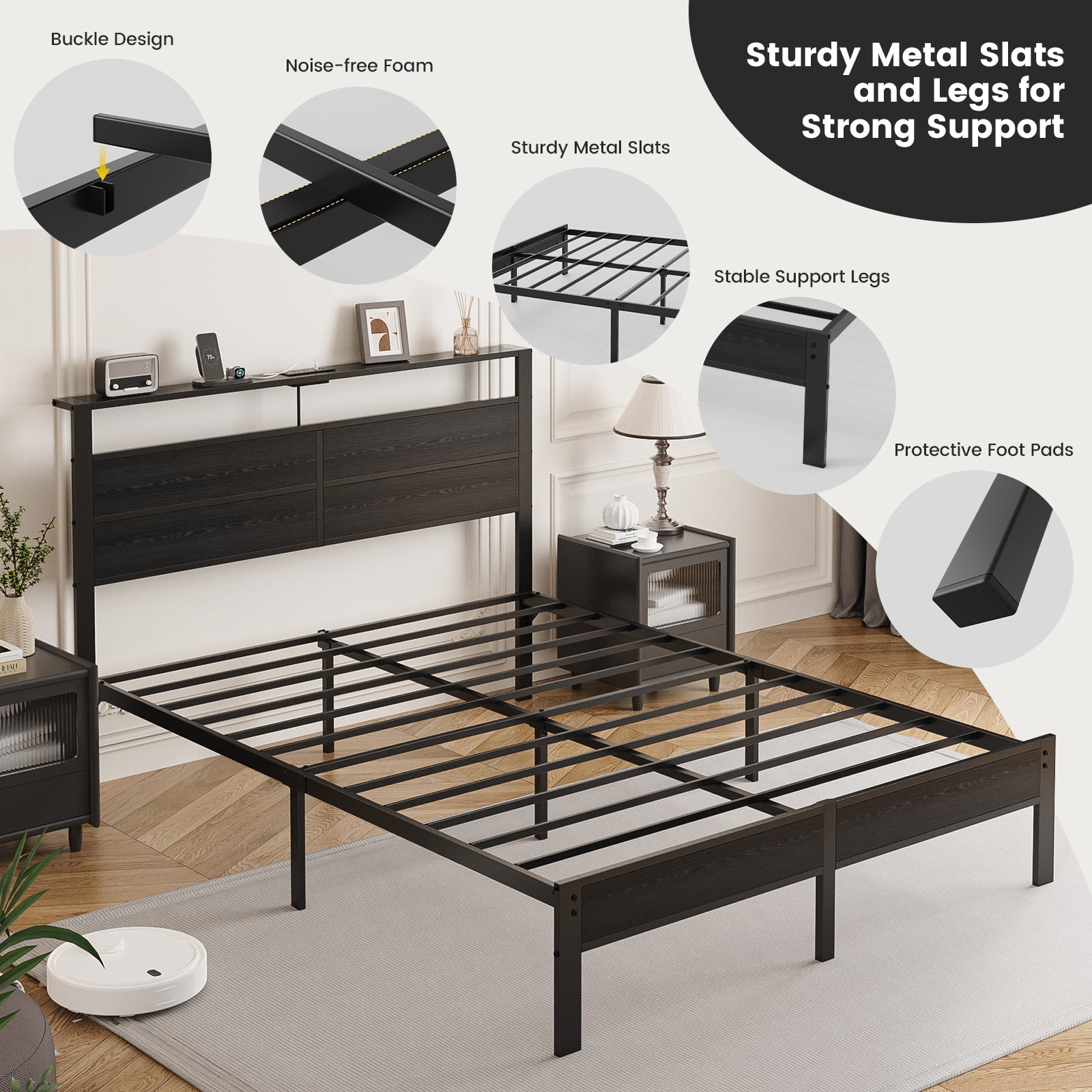 Kbun Full Size Platform Bed Frame with Wood Headboard, Metal Bed Frame with LED Light, Heavy Duty Steel Slat Supported Full Bed Frames, No Box Spring Needed, Black