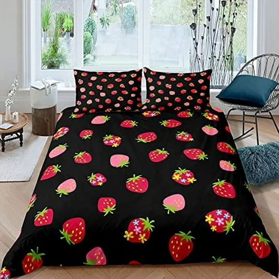 Pink Strawberry Cute Bedding Set Duvet Cover Set 3D Print Fruit Pattern Quilt Cover Pillowcase King Size for Kids Boy Girl