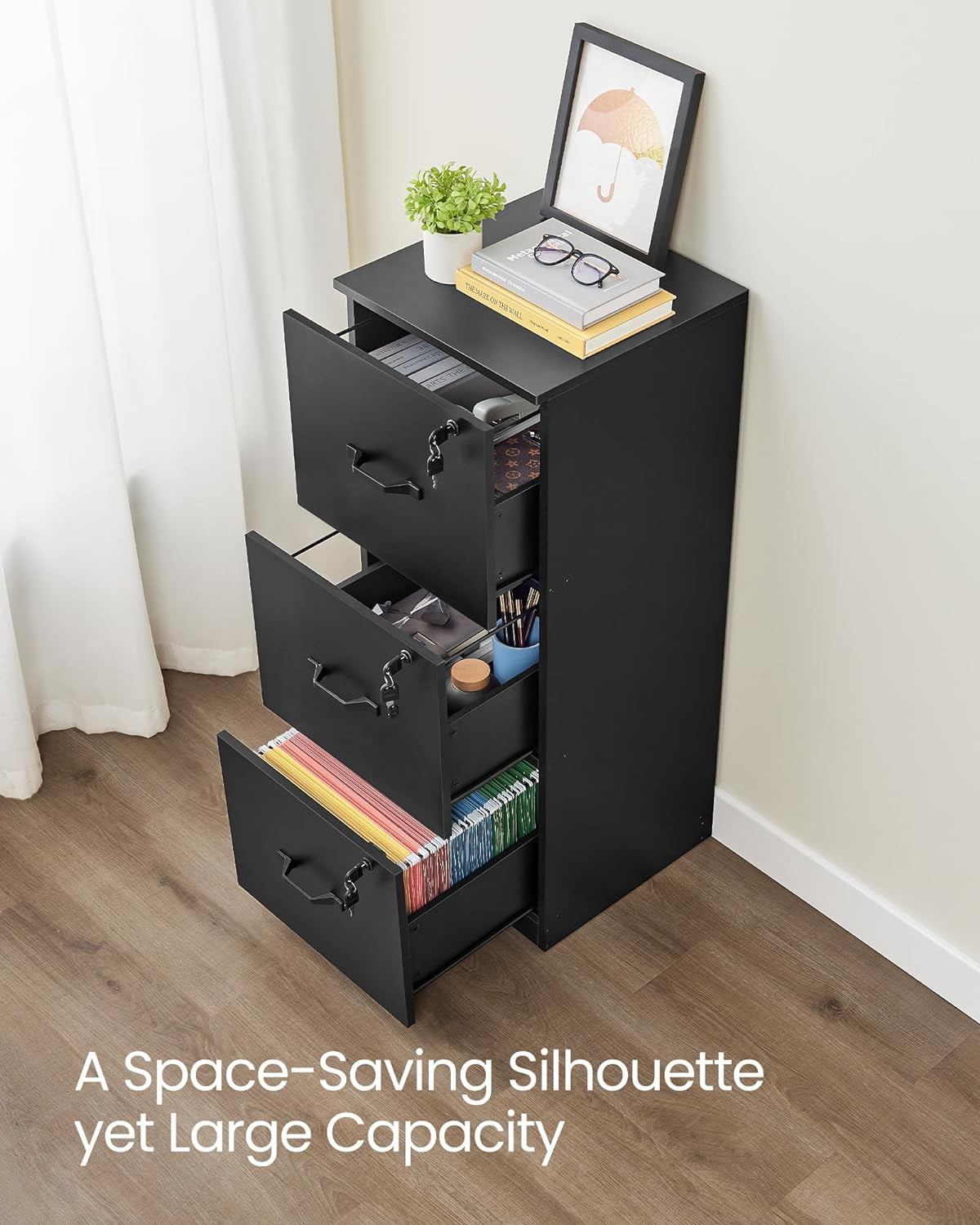File Cabinet, Printer Stand with 3 Lockable Drawers, Adjustable Hanging Rails, For Folders,Ink Black