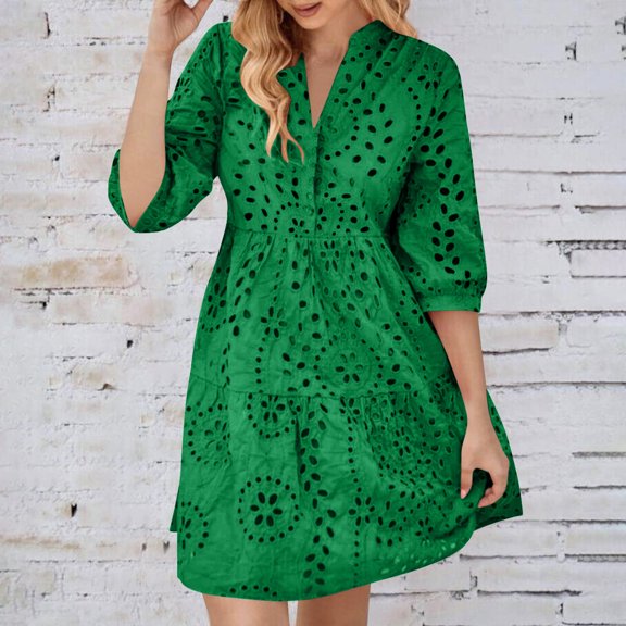 qolati Summer Dresses for Women 2025 Swimsuit Cover Ups 3/4 Sleeve Eyelet Henley V Neck A-Line Dress Loose Hollow Out Beach Vacation Sundress