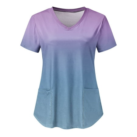 

Women Scrubs Top Gradient Printed Fashion Short Sleeve V Neck Holiday With Pocket Spring Summer Daily Nursing Uniforms Nursing Care Working Uniforms