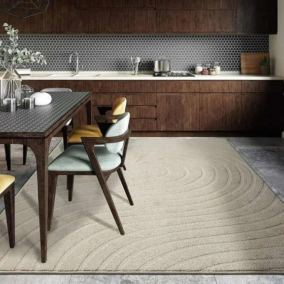 Modern Geometric Wave Cream 9x12 Area Rug Contemporary Stain Resistant Carpet