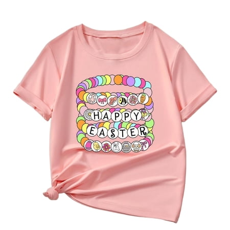 Girls Easter T Shirt Cotton Short Sleeve Happy Easter Graphic Tee with Side Knot Bunny Eggs Spring Top for Kids Kids Pink Size 1-2 T