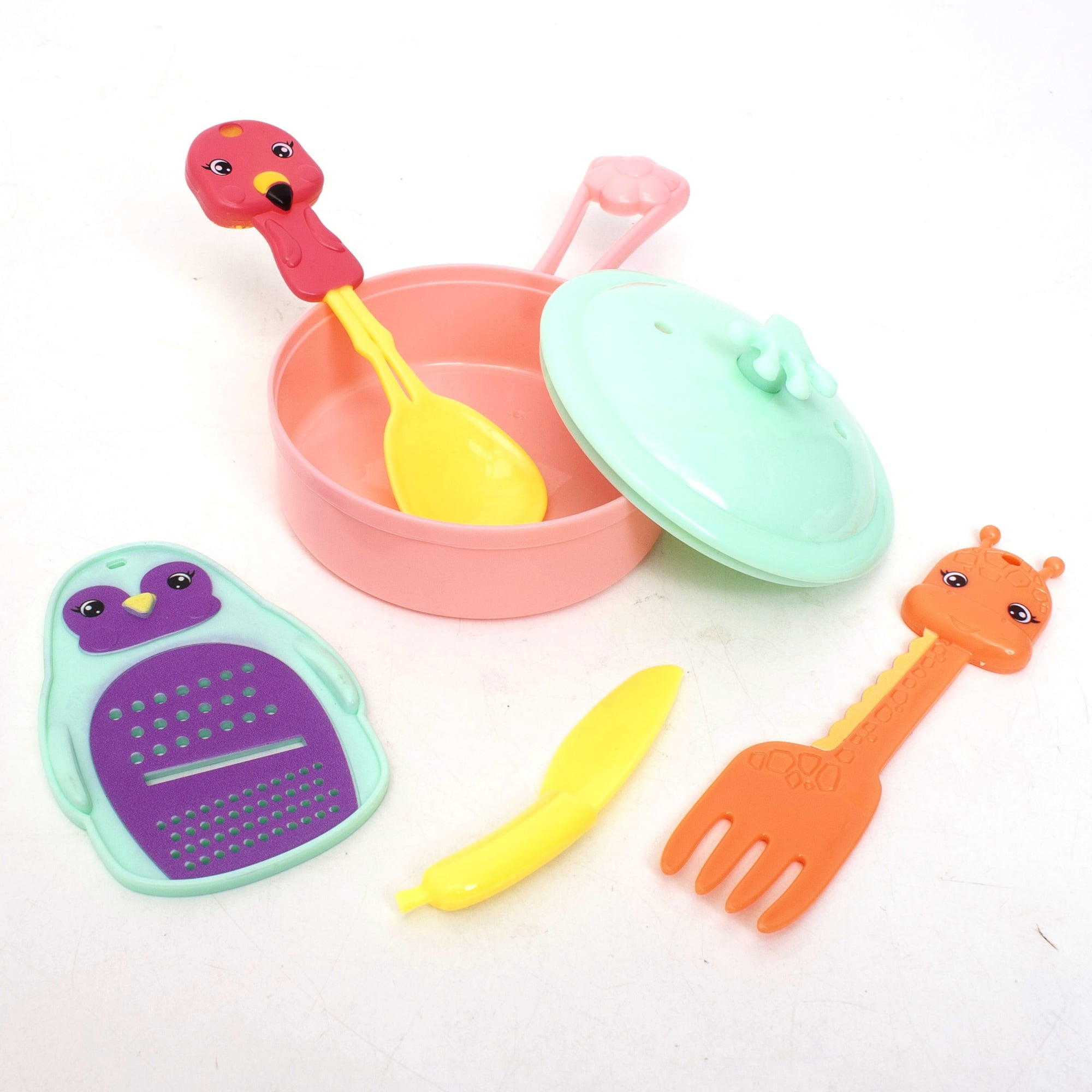 Zoo Troop: Cooking Utensils - 10pc Animal Themed Kitchen Playset, Pots/Lids, Fork, Spoon, Tongs, Grater, Cutting Board & Knife, Toy Set, Kids Ages 2+