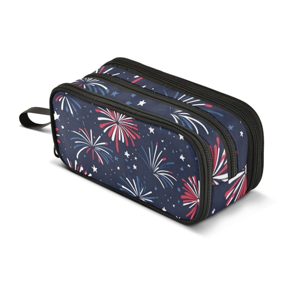 FORMRS Pencil Case with 3 Compartments Zipper Pouch, Elementary School Level and up, Red and Blue Fireworks Pattern
