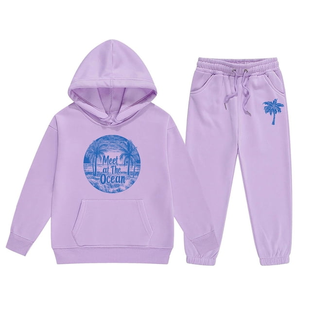 2PC Girls Outfits Long Sleeve Hooded Pullover Tops Pants Cartoon Print Leisure Clothes Set 4-5 T