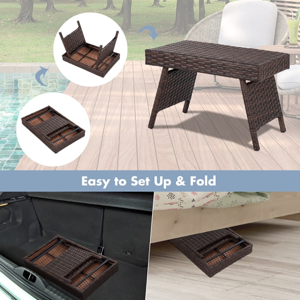 Aimee Lii Folding PE Rattan Side Coffee Table Patio Garden Furniture, Outdoor Patio Furniture, Brown