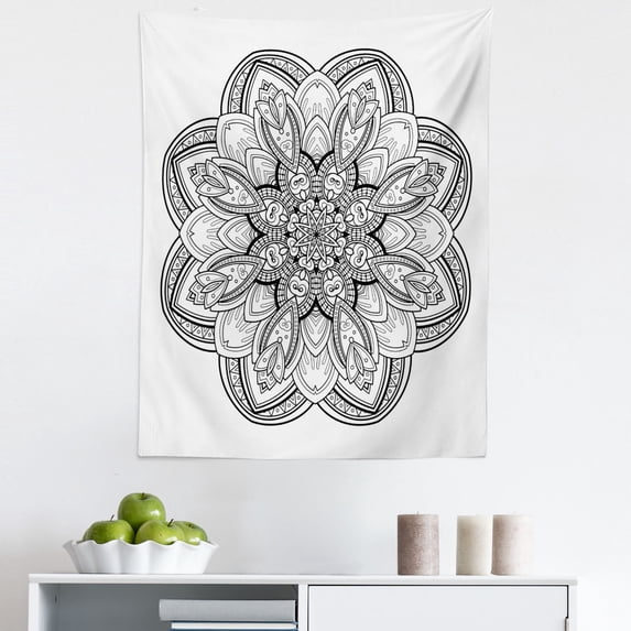 Oriental Tapestry, Mandala Design Black and White Inspirations Doodle Lucky Piece Monochrome, Fabric Wall Hanging Decor for Bedroom Living Room Dorm, 5 Sizes, White Black, by Ambesonne