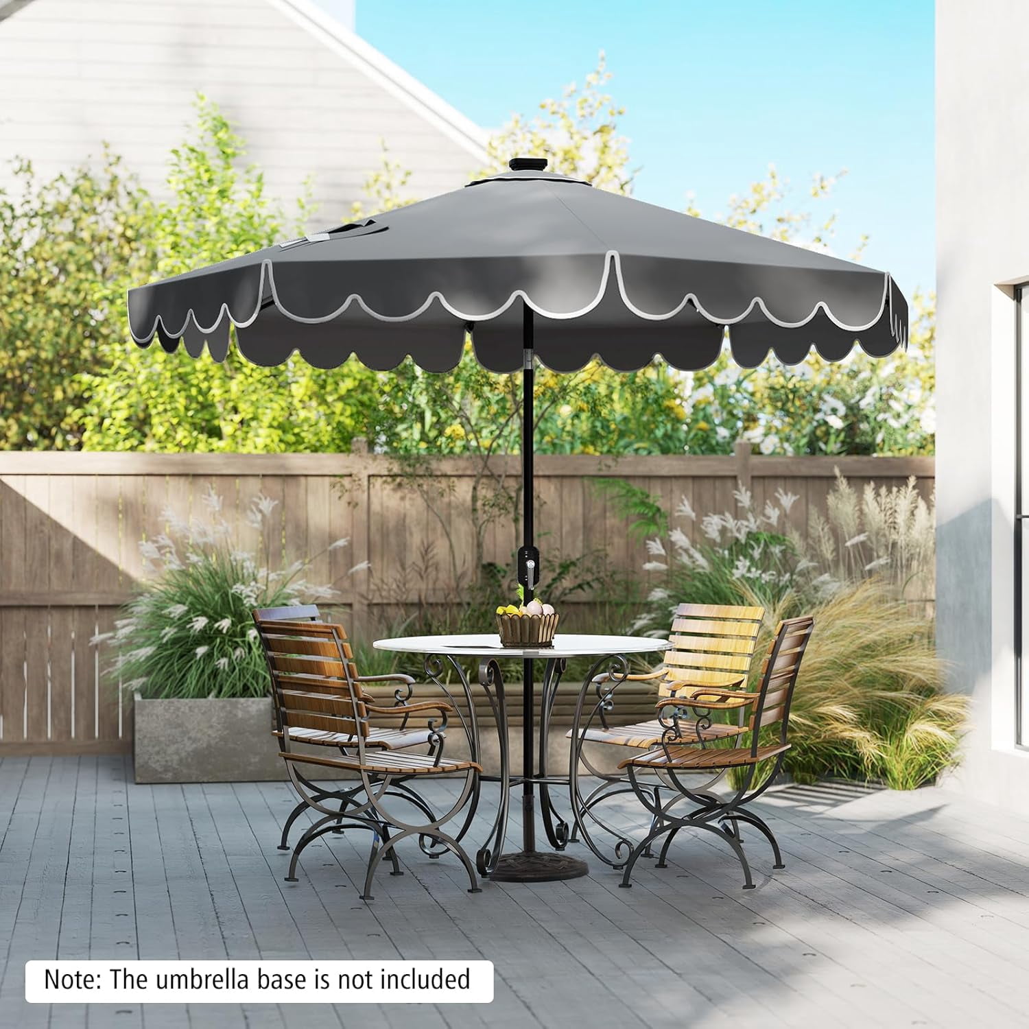 ZYPPP 9 FT Solar Patio Umbrella, 2-Tiers Scalloped Outdoor Table Market Umbrella with 32 LED Lights, Vented Top, Tilt Adjustment, Crank, 8 Ribs for Backyard Poolside Deck Beach Lawn (Gray)