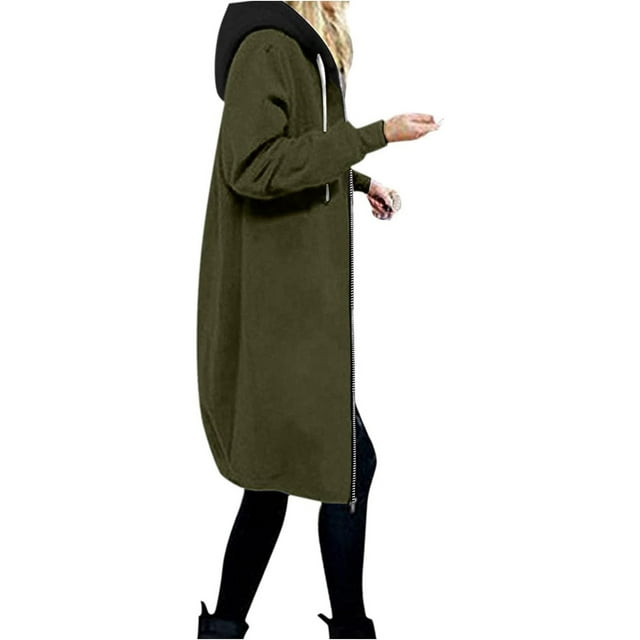 ICHUANYI Clearance Women's Solid Color Jacket Thickening And Fleece And Winter Casual Zipper Long Sleeve Pocket Hooded Long Sweater(Army Green, XXL) ICHUANYI WER2023081509034