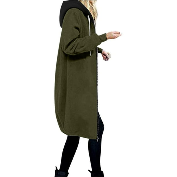 ICHUANYI Clearance Women's Solid Color Jacket Thickening And Fleece And Winter Casual Zipper Long Sleeve Pocket Hooded Long Sweater(Army Green, L) ICHUANYI WER2023081509033