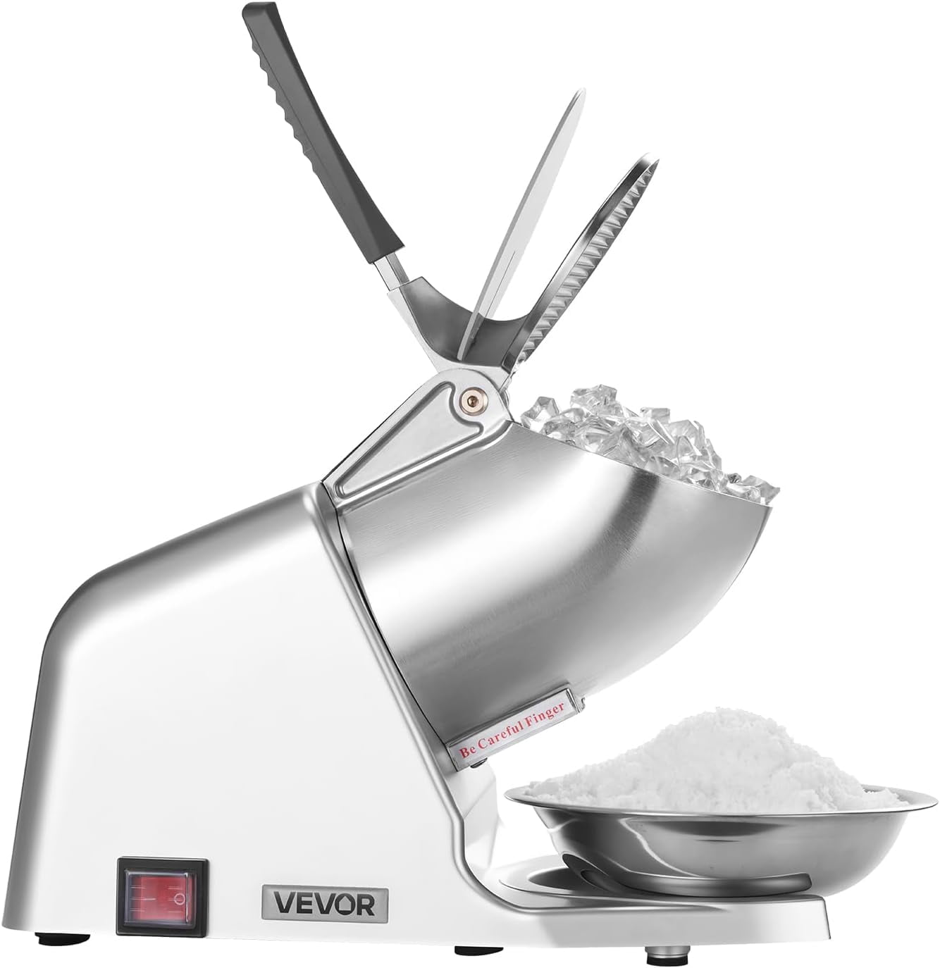 Ice Crusher , 143lbs Per Hour Electric 2 Blades Snow Cone Maker, Stainless Steel Shaved Ice  with Bowl and Cover, 300W 2000RPM Ice-Shaver for Home and Commercial Use, Silver