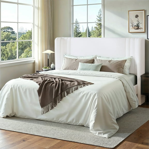 Einfach Queen Size Upholstered Bed Frame, Platform Bed with Velvet Wingback Headboard, White