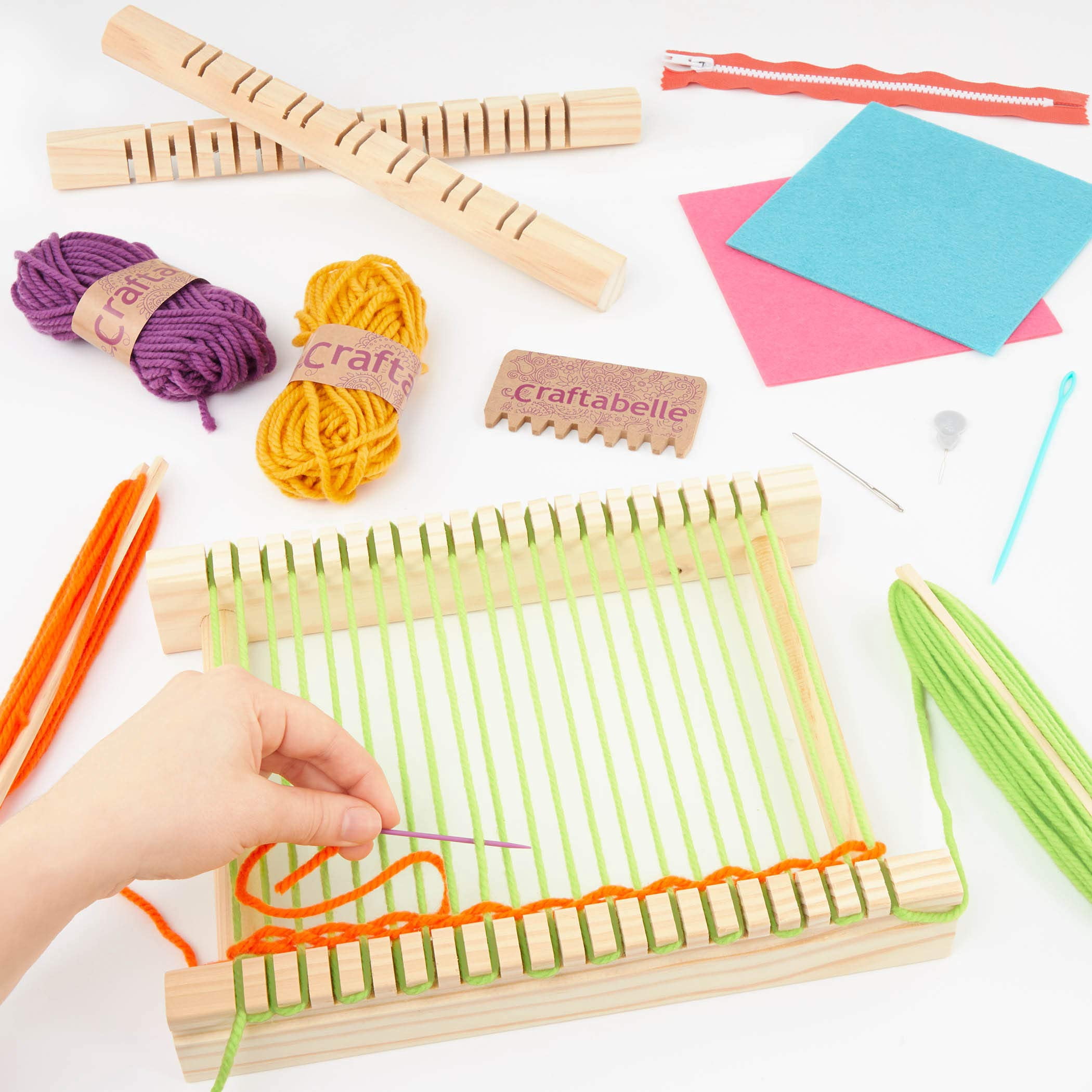 Craftabelle Wooden Loom Creation Kit, Beginner Knitting Loom Kit with 19 Pieces Weaving Set with Yarn and Frame