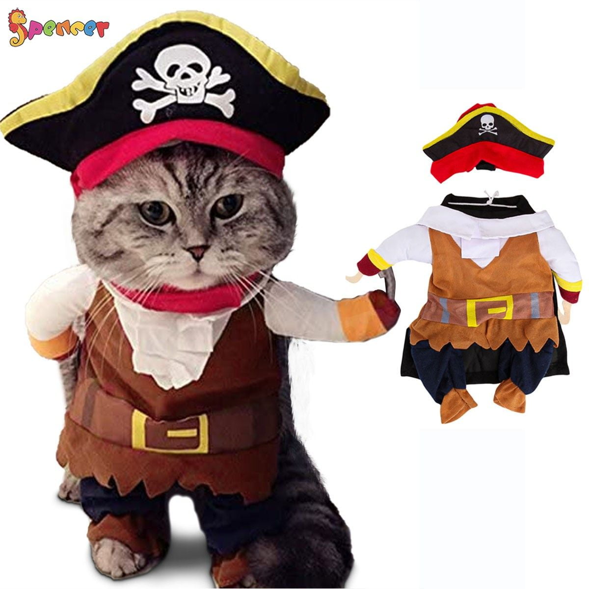 Spencer Funny Pirate Dog Cat Halloween Costume Outfit Pet Clothes Corsair Dressing Up Party Apparel Jumpsuit Plus Hat For Small Medium Large Dogs Cats Size L Walmart Com