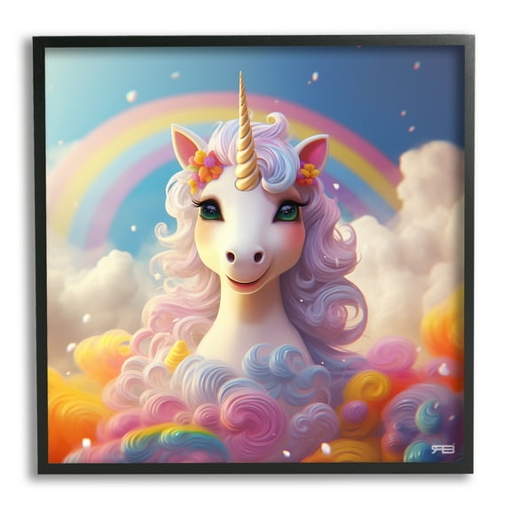 Stupell Industries White Unicorn with Rainbow Fairy Tales & Fantasy Painting Black Framed Art Print Wall Art, 12 x 12