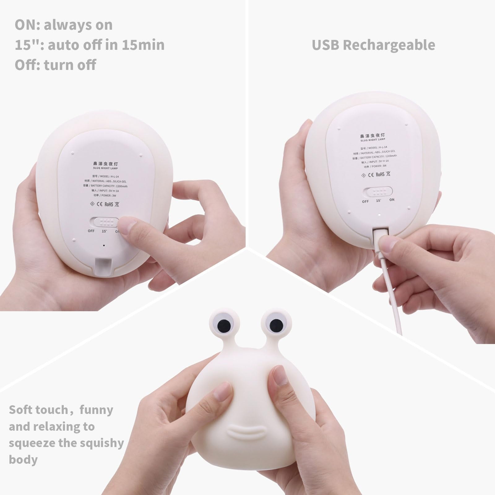 Slug Night Light for Kids, BPA-Free ABS & Silicone Baby Nursery Bedside Lamp USB Rechargeable, Adjustable Brightness, Auto-Off Setting, Cute Christmas Birthday Gift for Girls Boys