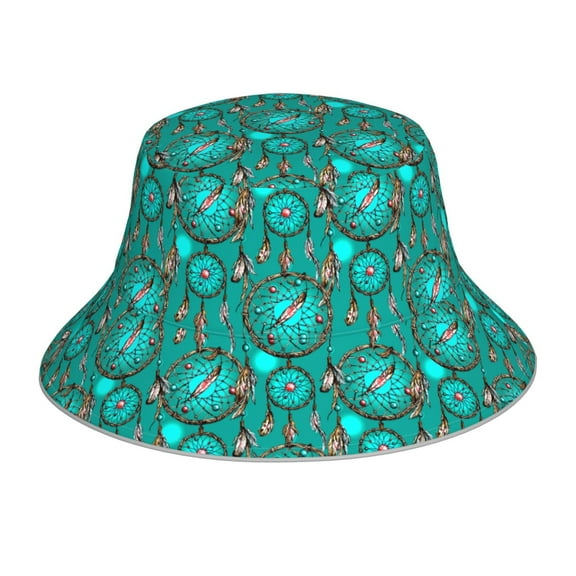 KLL Boho Dreamcatcher Bucket Hat for Women Men Packable Travel Beach Sun Hat Outdoor Rave Accessories Reflective Fisherman Cap
