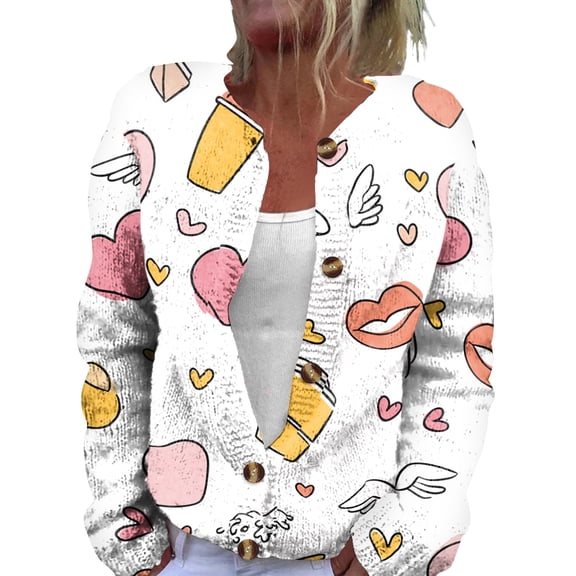Fgvctg Valentine's Day Women's Sweaters Cute Open Front Sweater Casual Long Sleeve Coats Love Heart Graphic Cardigans Spring Button Down Sweaters Plus Size Outfit Wine 2XL