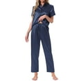 thumbnail image 2 of INSPIRE CHIC Womens Satin Pajama Set Silky Button Down Short Sleeve Lapel Shirt and Pants 2 Piece Loungewear Sets S Navy, 2 of 6