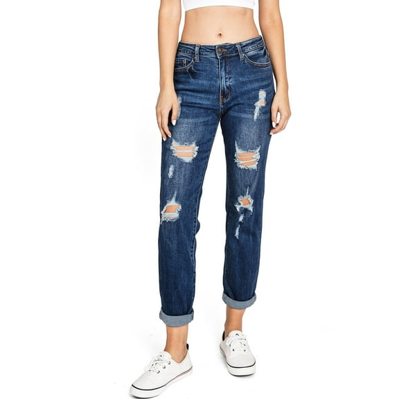 Wax Jean Women's Juniors High Rise Baggy Straight Leg Jeans (Dark, 1)