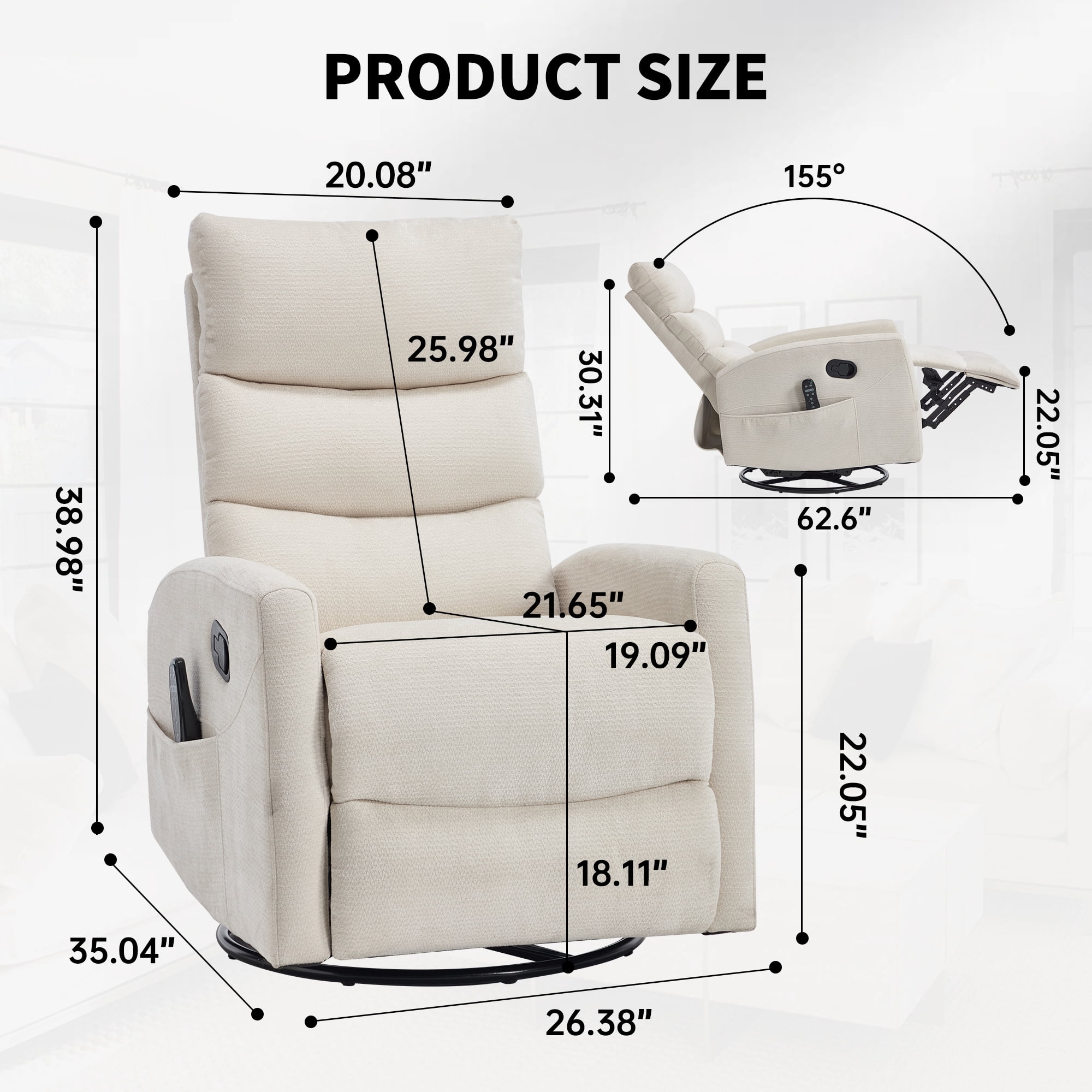 Leumius Manual Recliner Chair with Massage and Heat for Adult,360° Swivel Rocker Chair with Ergonomic High Backrest,Glider Recliner Nursery Chair with Side Pockets for Living Room,Beige Chenille