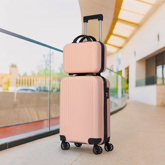 2 Piece Hardside Carry On Luggage Set – Pink ABS Hard Shell 20" Spinner Suitcase with 14" Mini Makeup Case for Travel & Business