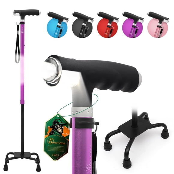 Bastón BeneCane de cuatro patas con dos luces LED, base grande, mango en T y ligero, ajustable, de cuatro puntas, resistente, para hombres y mujeres (morado)