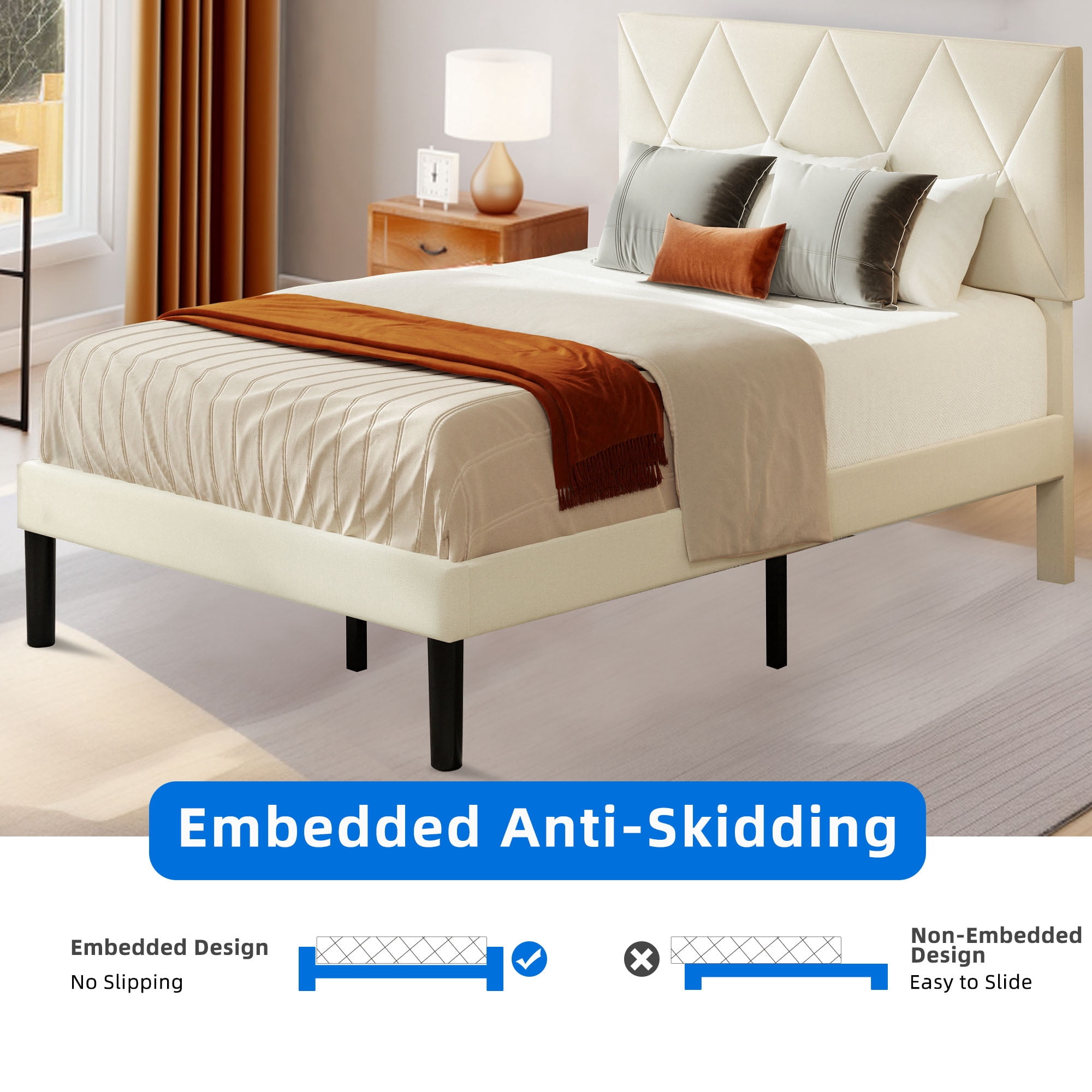 DEXTRUS Full Size Upholstered Bed Frame with Adjustable Headboard, Beige