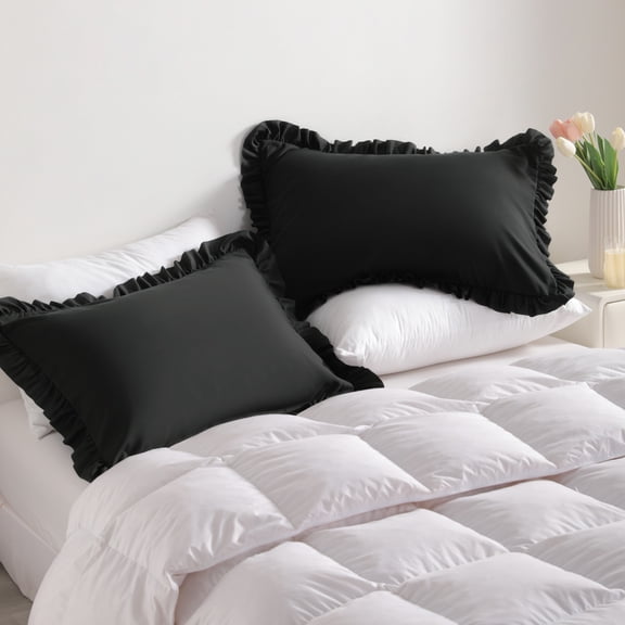Kelnaro Ruffled Pillow Cases Standard 20"x26", 2 Pack Microfiber, Elegant Ruffle Pillow Shams for Bedroom Decor, Black