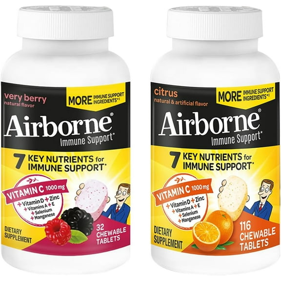 Airborne 1000mg Vitamin C   Zinc Immune Support Supplement Chewable Tablets, Very Berry & Citrus Flavor with Powerful Antioxidants Vitamins A C & E, 116 Chewable Tablets (Very Berry   Citrus)
