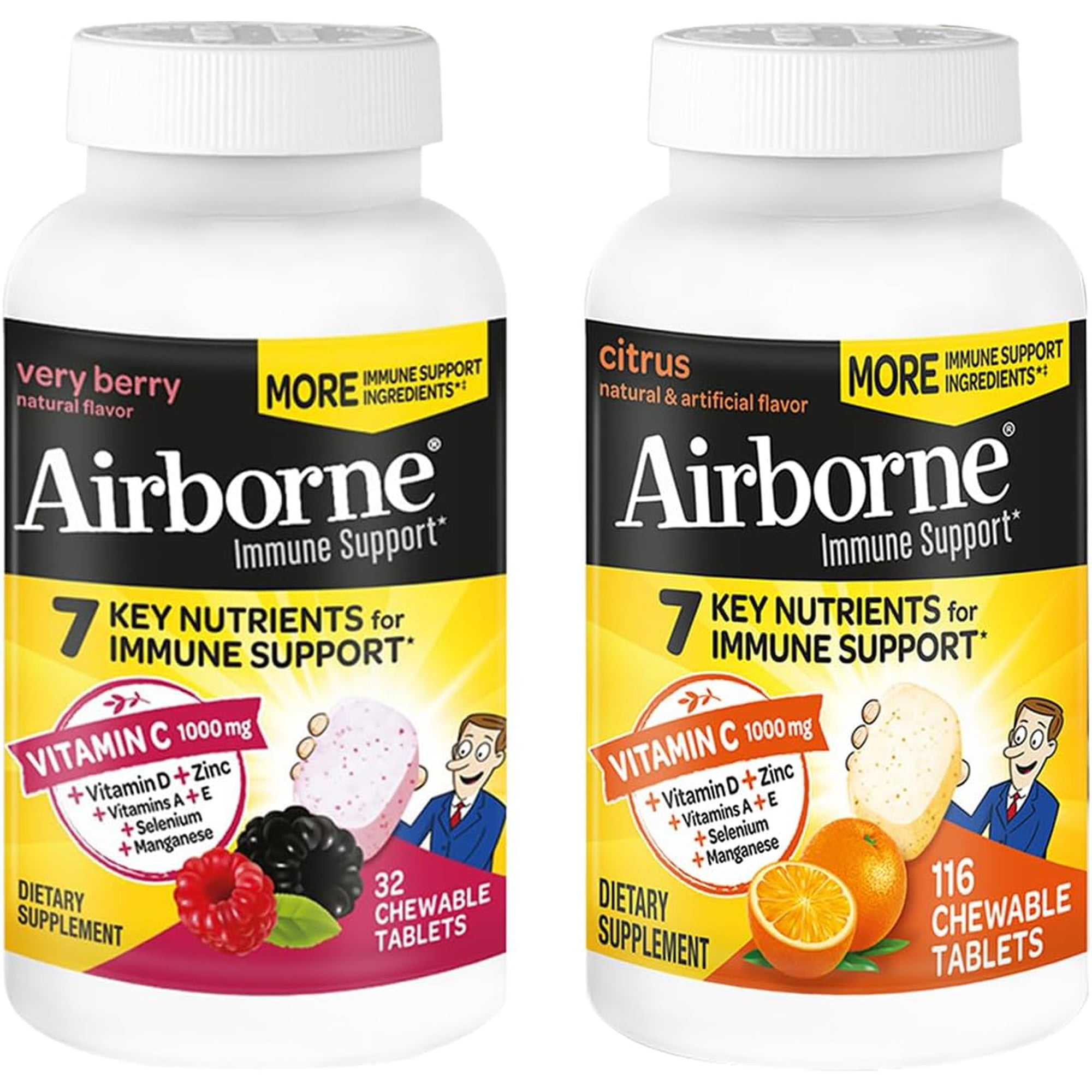Airborne 1000mg Vitamin C + Zinc Immune Support Supplement Chewable Tablets, Very Berry & Citrus Flavor with Powerful Antioxidants Vitamins A C & E, 116 Chewable Tablets (Very Berry + Citrus)