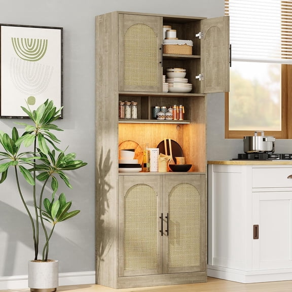 71" Tall Pantry Cabinet with Countertop, Kitchen Cabinets with LED Light Strip & Microwave Shelf, Kitchen Hutch Storage Cabinet with Adjustable Shelves for Dining Room, Oak