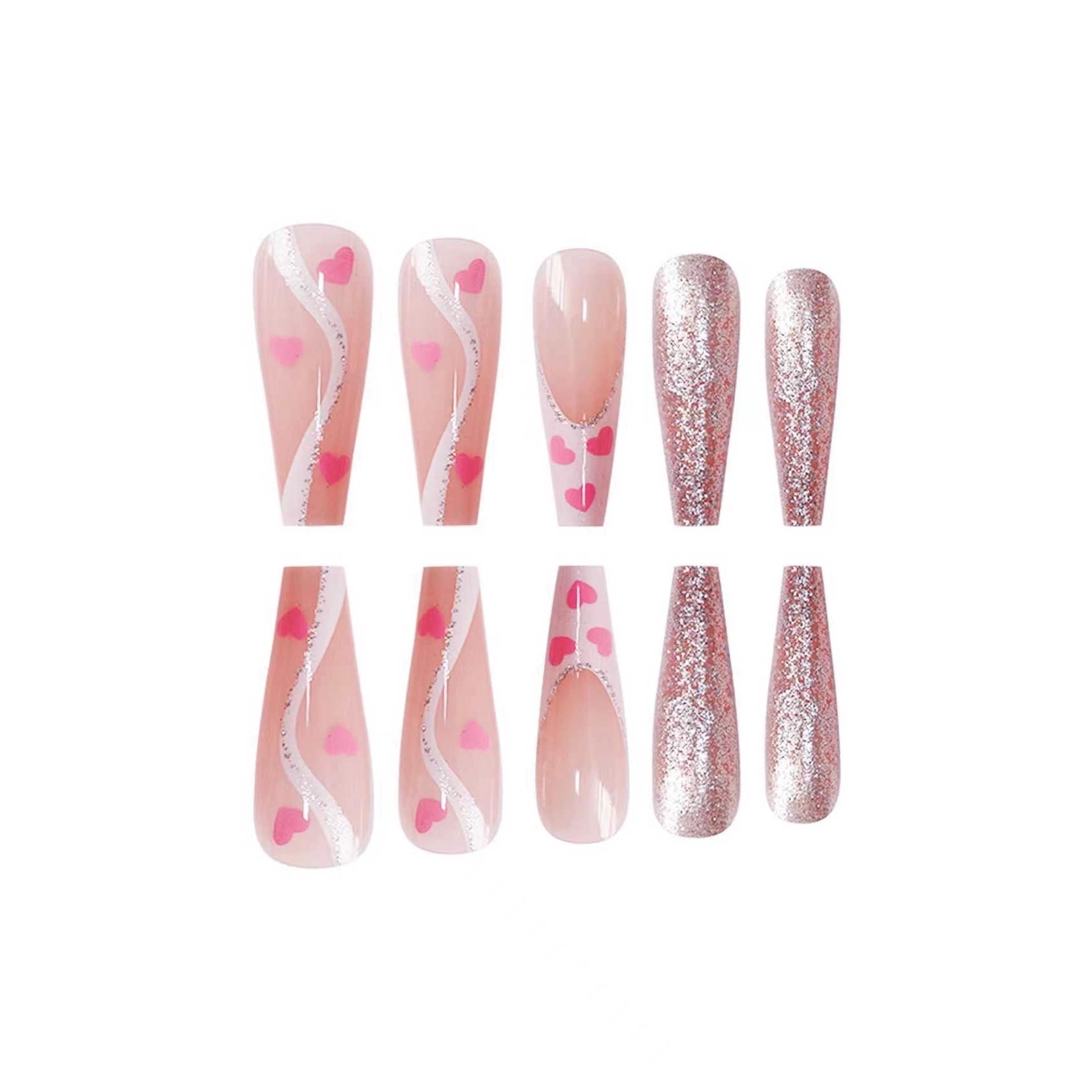 Cross-border hot sale ballet fake nails sweet love flash silver glitter embellishment wearing nail piece finished product wholesale