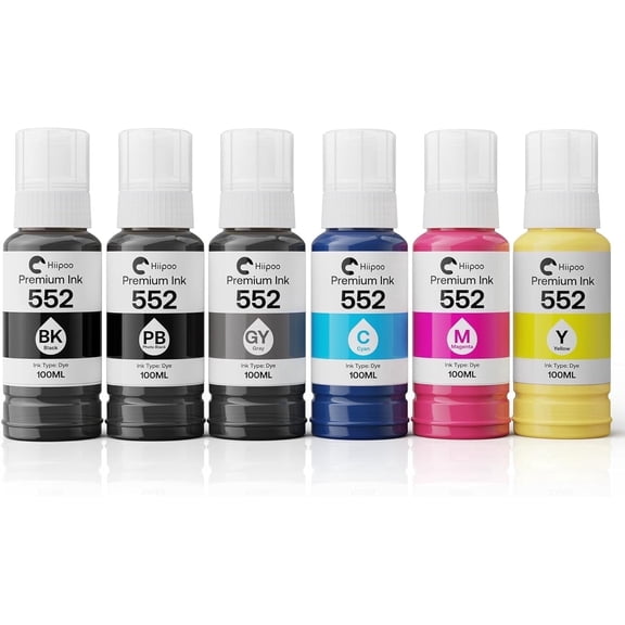 Hiipoo 600ML High Capacity Ink Refill Bottles Fit forT552/552 Ink (6-Pack: BK, PB, C, M, Y, GY, Not Sublimation Ink)
