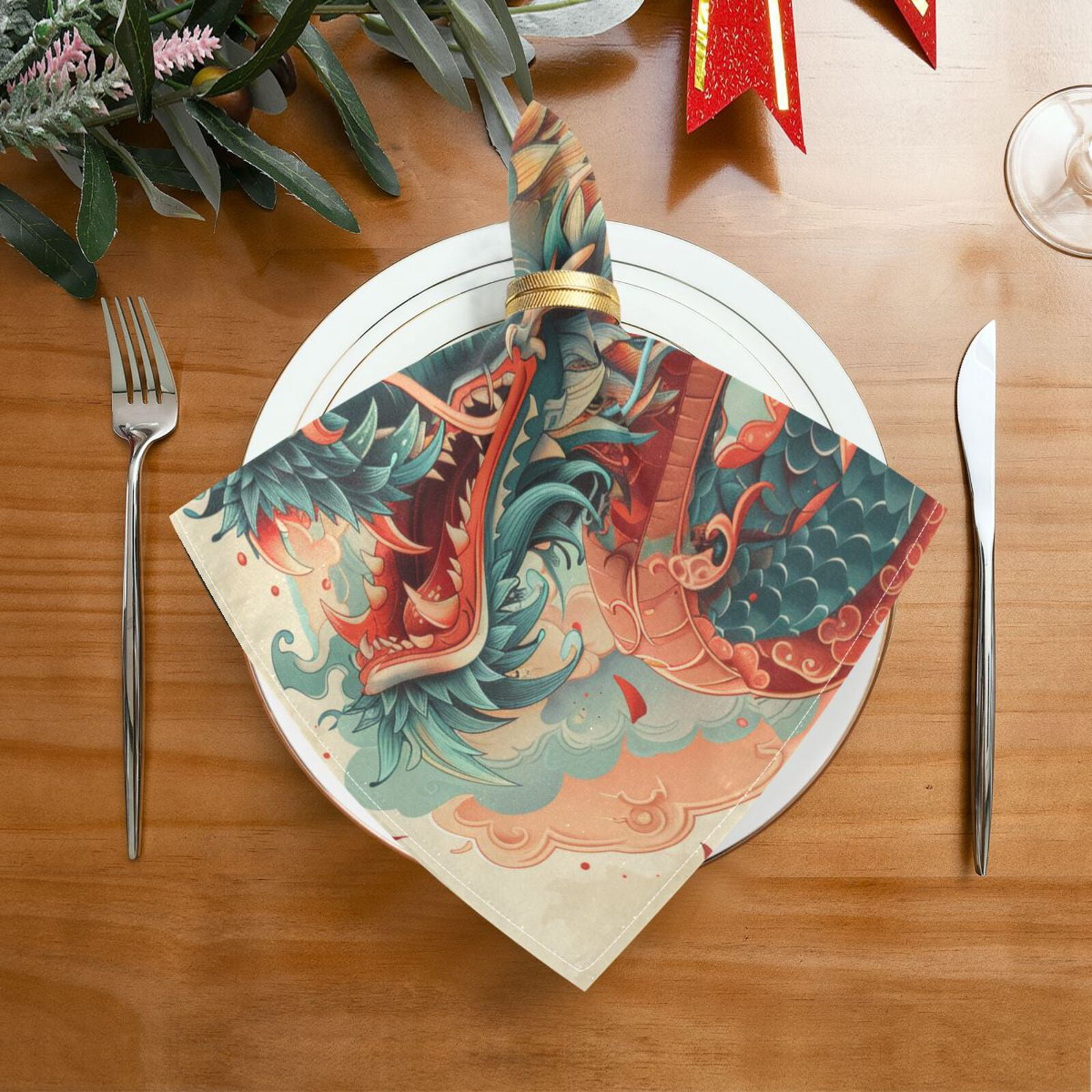 JSTEL Chinese Dragon Cloud Cloth Napkins Set of 6, 20x20 Inch Washable and Reusable Napkin for Decoupage Dinner Party Everyday Use
