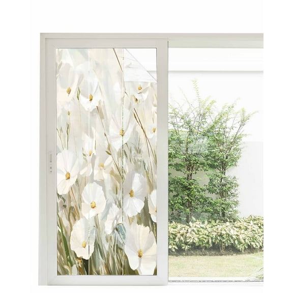 Window Privacy Film Floral Flower Stained Glass Window Film Decorative Sun Block Window Cover Modern Oil Painting Watercolor White Window Clings Static Adhesive Sticker for Bathroom 35.4"x78.7"