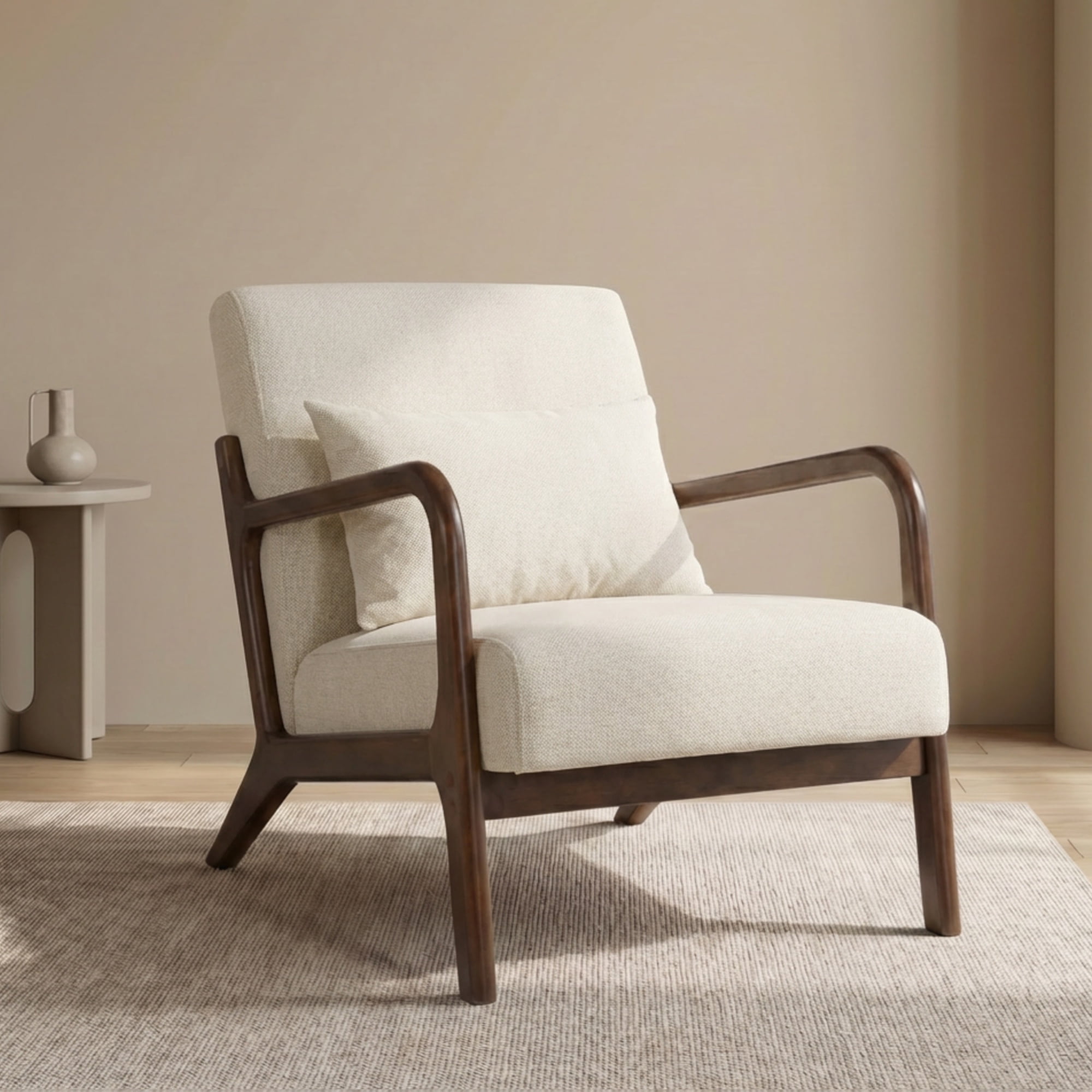 PAPROOS Mid-Century Modern Accent Chair, Velvet Fabric Arm Chair with Wood Frame and Pillow, Upholstered Armchair Comfort Reading Chair Lounge Chair for Living Room Bedroom Sunroom, Beige