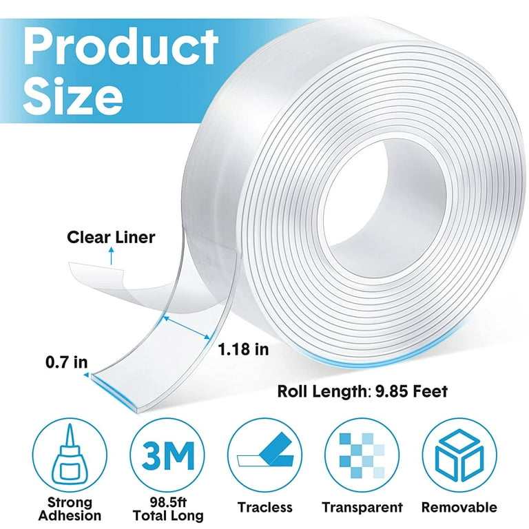 10 Rolls Double Sided Tape 1.18 inch x 9.85 Feet Heavy Duty Double Sided Adhesive Tape Transparent Picture Hanging Strips Removable Clear Two Sided