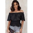 thumbnail image 3 of ABPHQTO Top negro con cintura fruncida y hombros descubiertos para mujer, 3 of 5